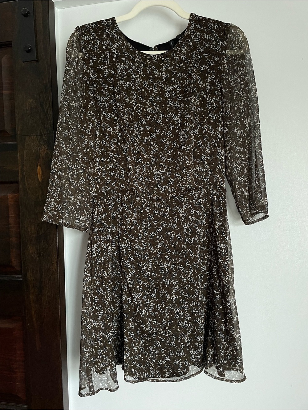 Mango Brown, Navy and White Floral Long Sleeve Mini Dress
